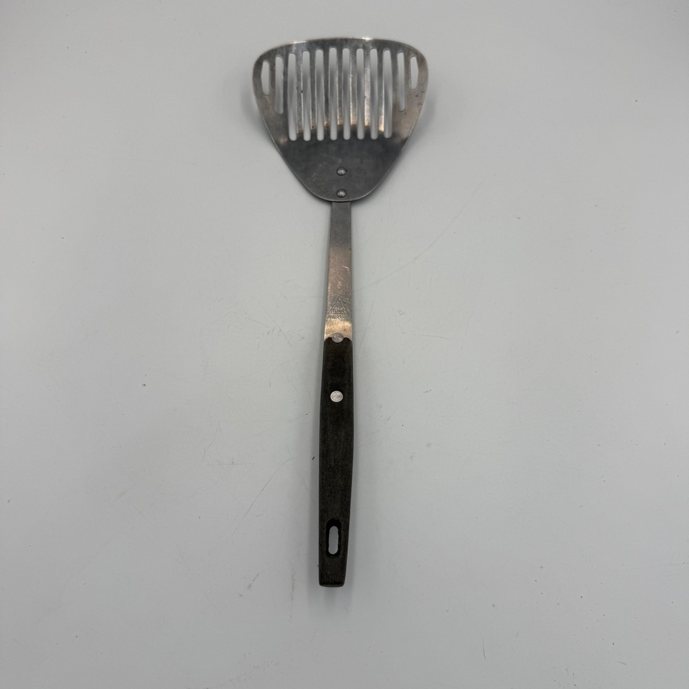 Vintage Household Japan Slotted Spatula Turner Stainless Steel Wood Handle 12"